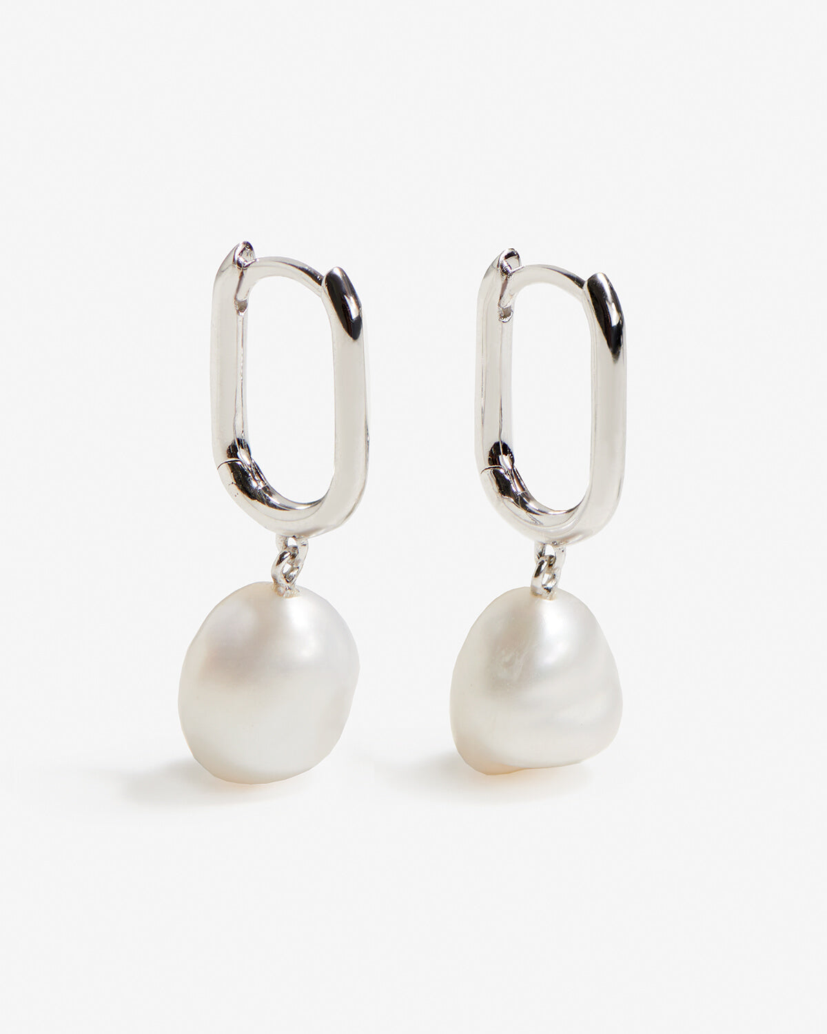 Esme - Silver Rectangular Hoop Earrings with Pearls