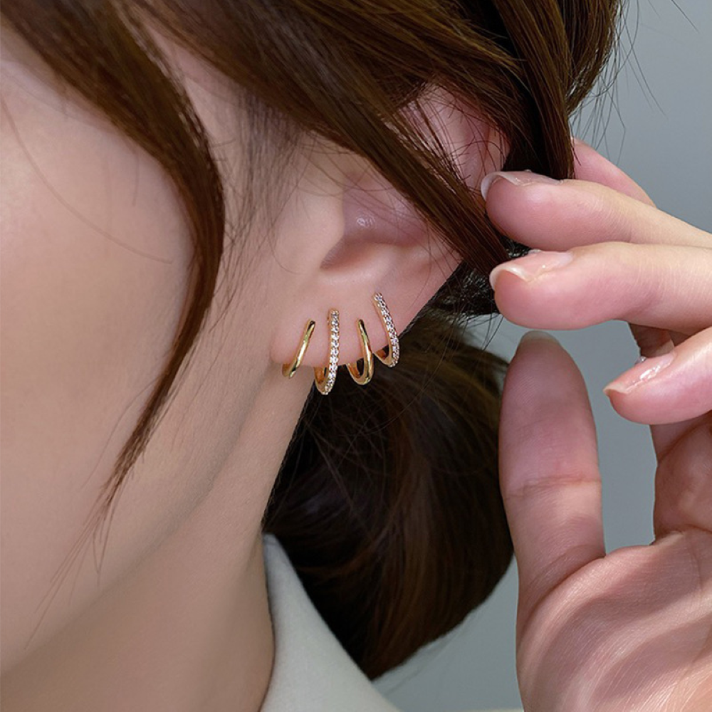 Huggie Earrings with Zirconia and Four-Sided Inlays