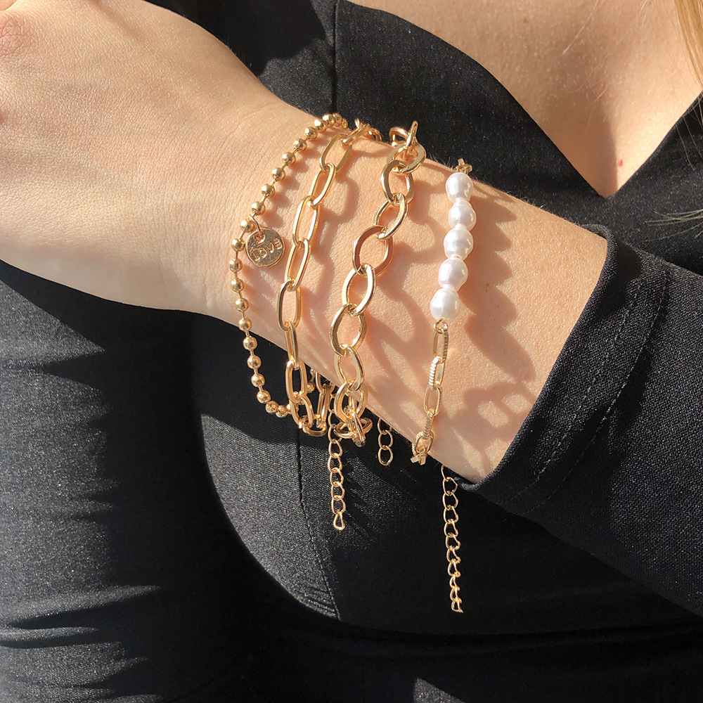 3-Piece Gold Pearl Bracelet Set - Large Chain Set