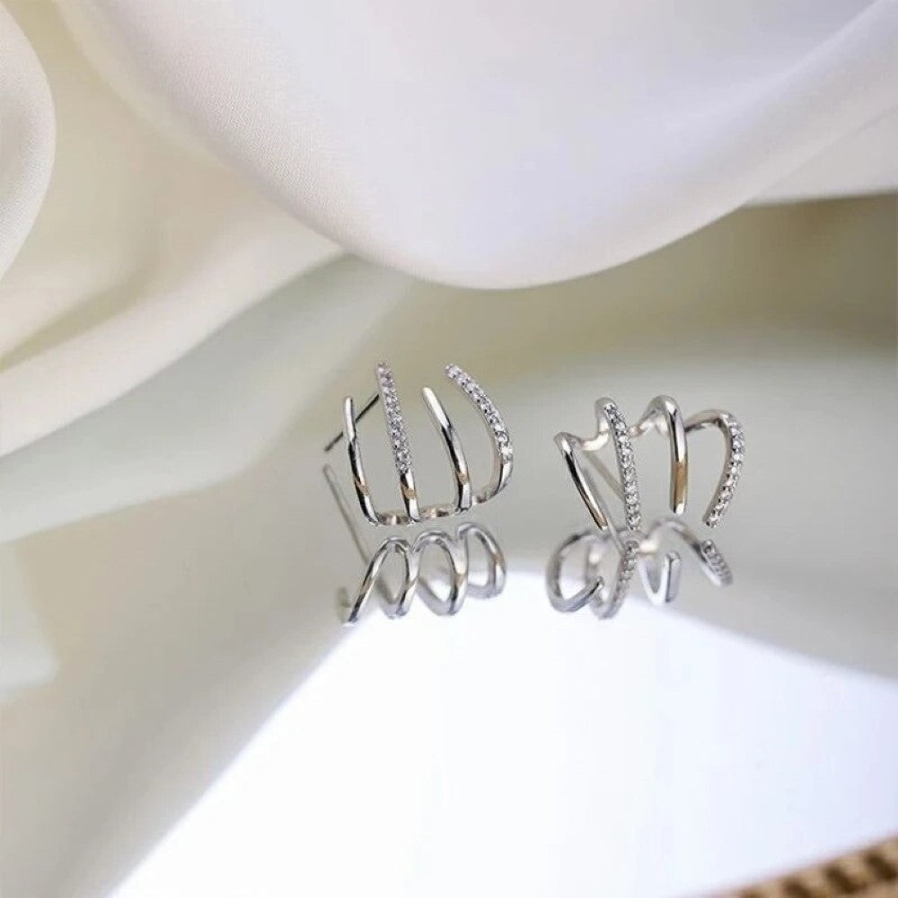 Huggie Earrings with Zirconia and Four-Sided Inlays