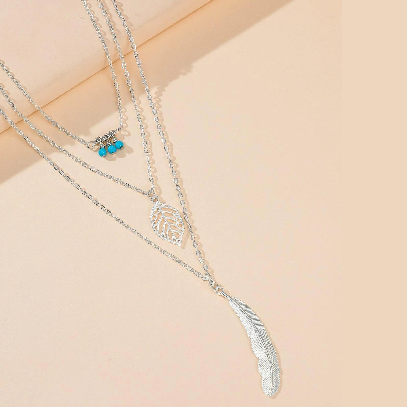 Leaf and Feather Pendant - 3-Layer Necklace