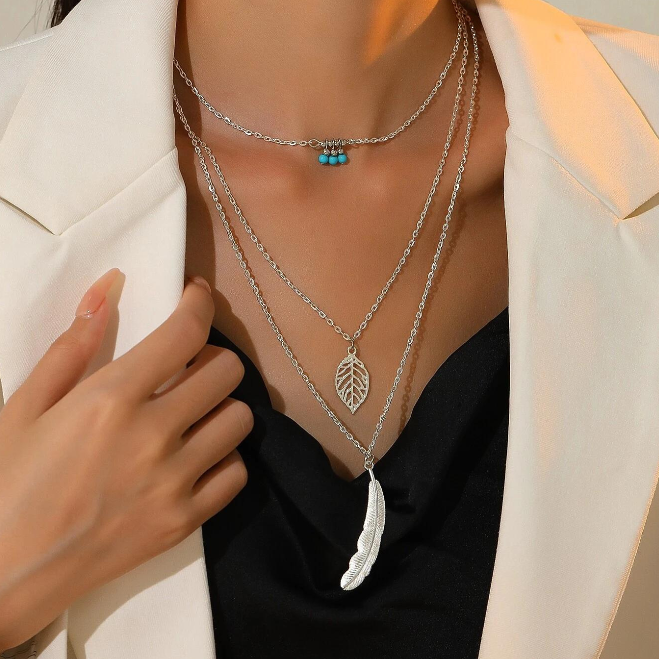 Leaf and Feather Pendant - 3-Layer Necklace