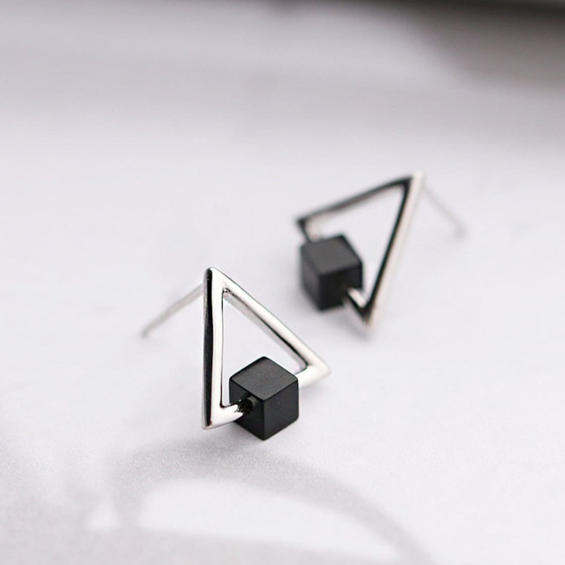 Geometric Triangle - Black Cube Earrings