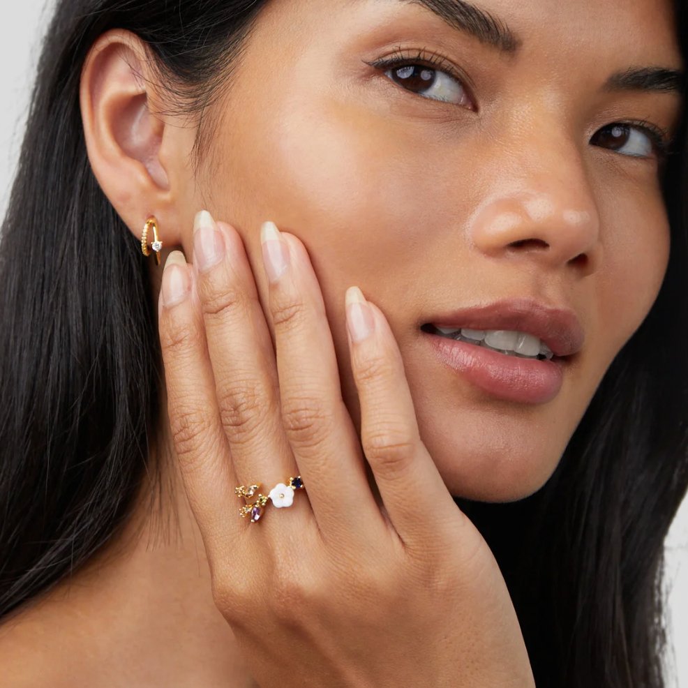 Leah - Gold Ring with White Crystal Flower