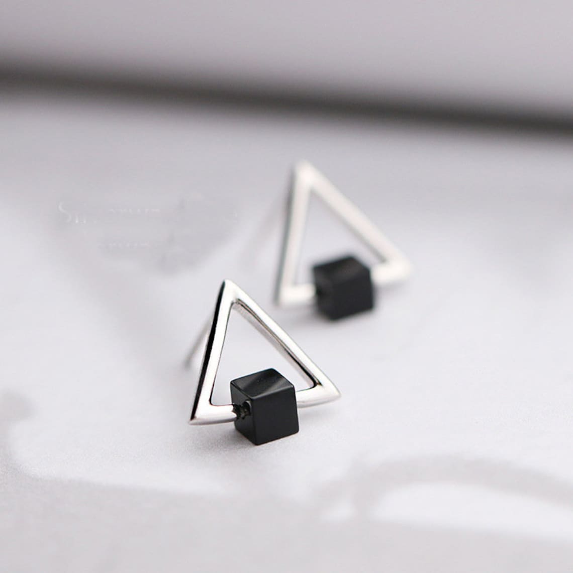 Geometric Triangle - Black Cube Earrings
