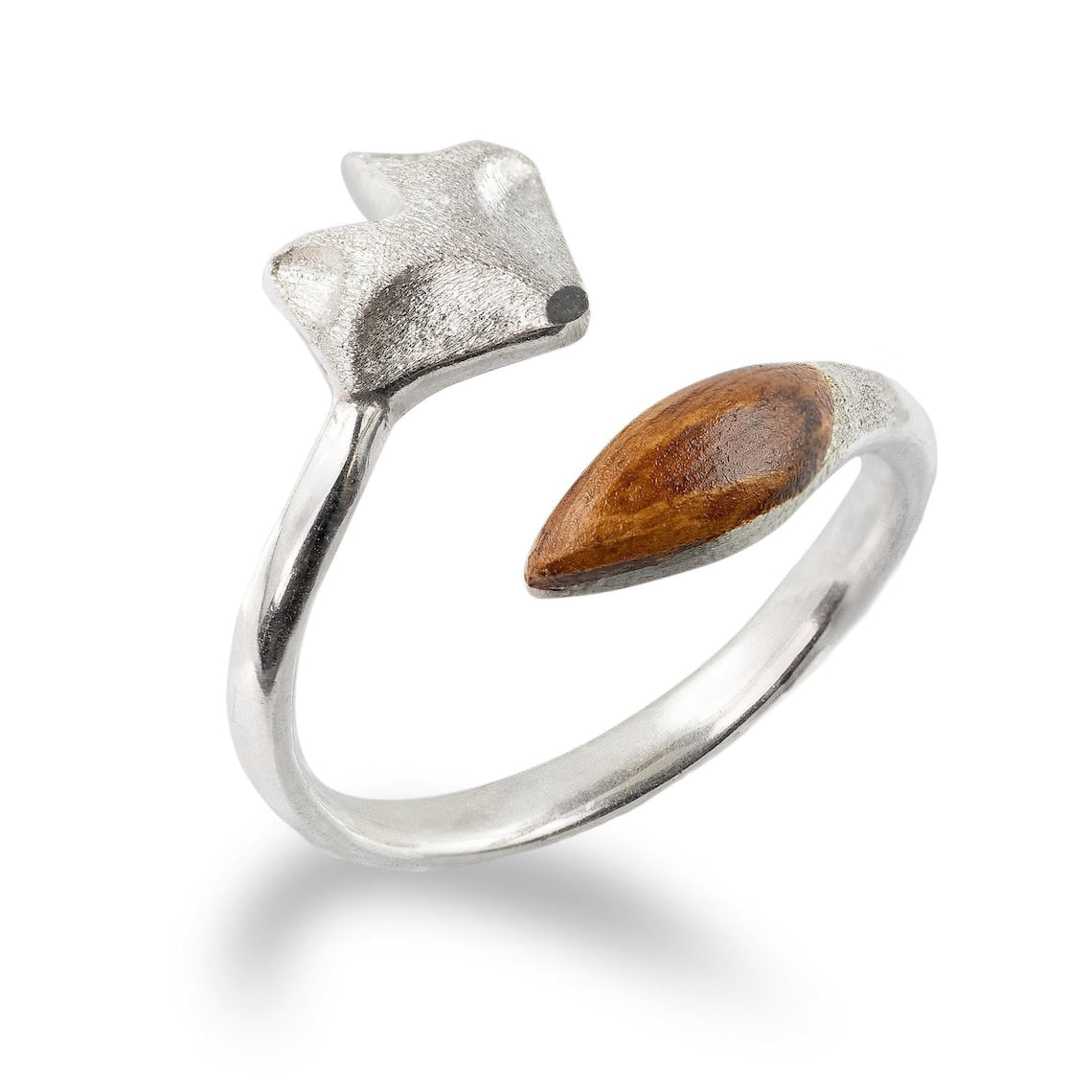 Adjustable Wooden Fox Ring – Silver Fox Face Ring