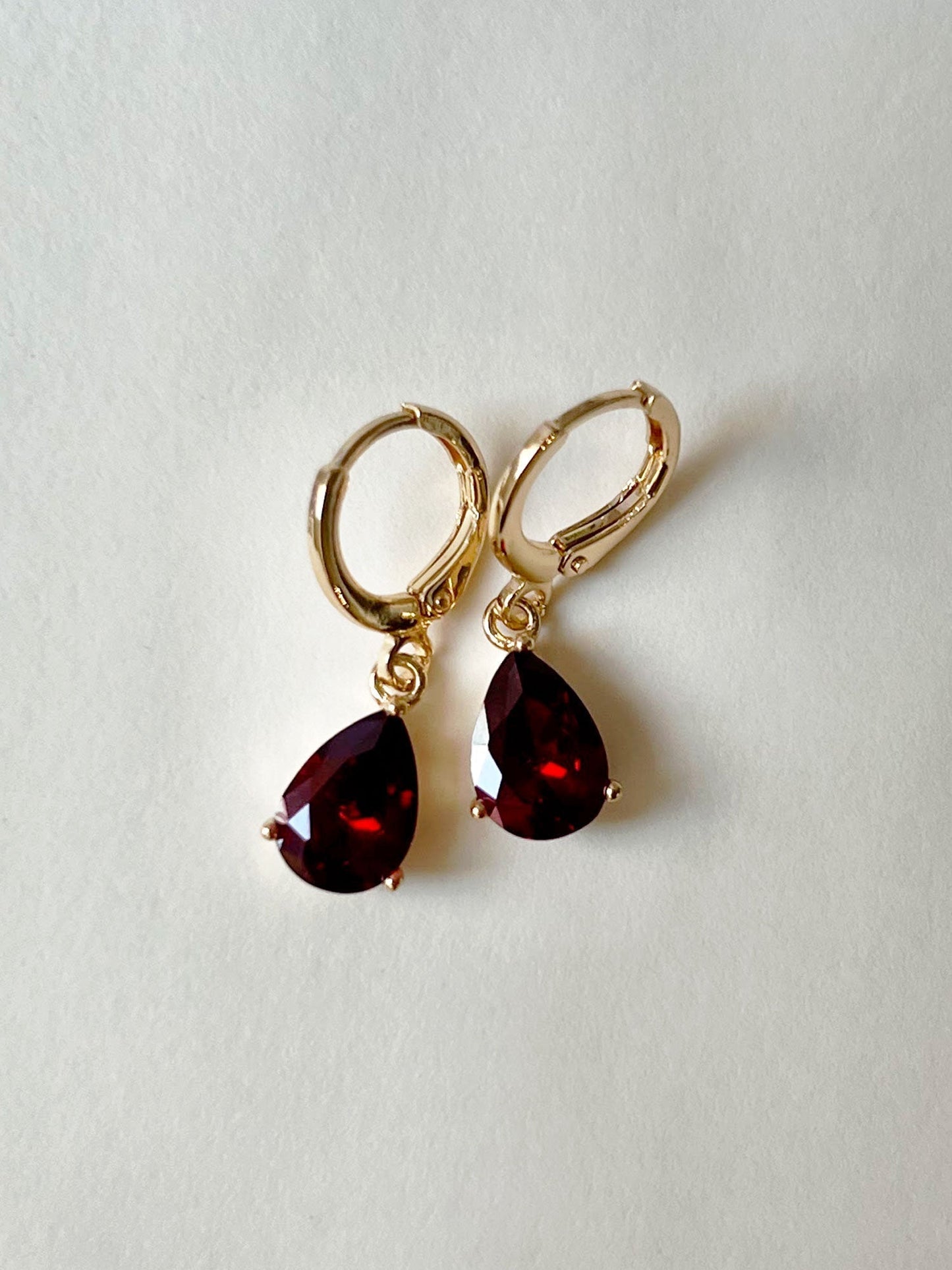 Huggie Earrings with Ruby Teardrop Gemstone