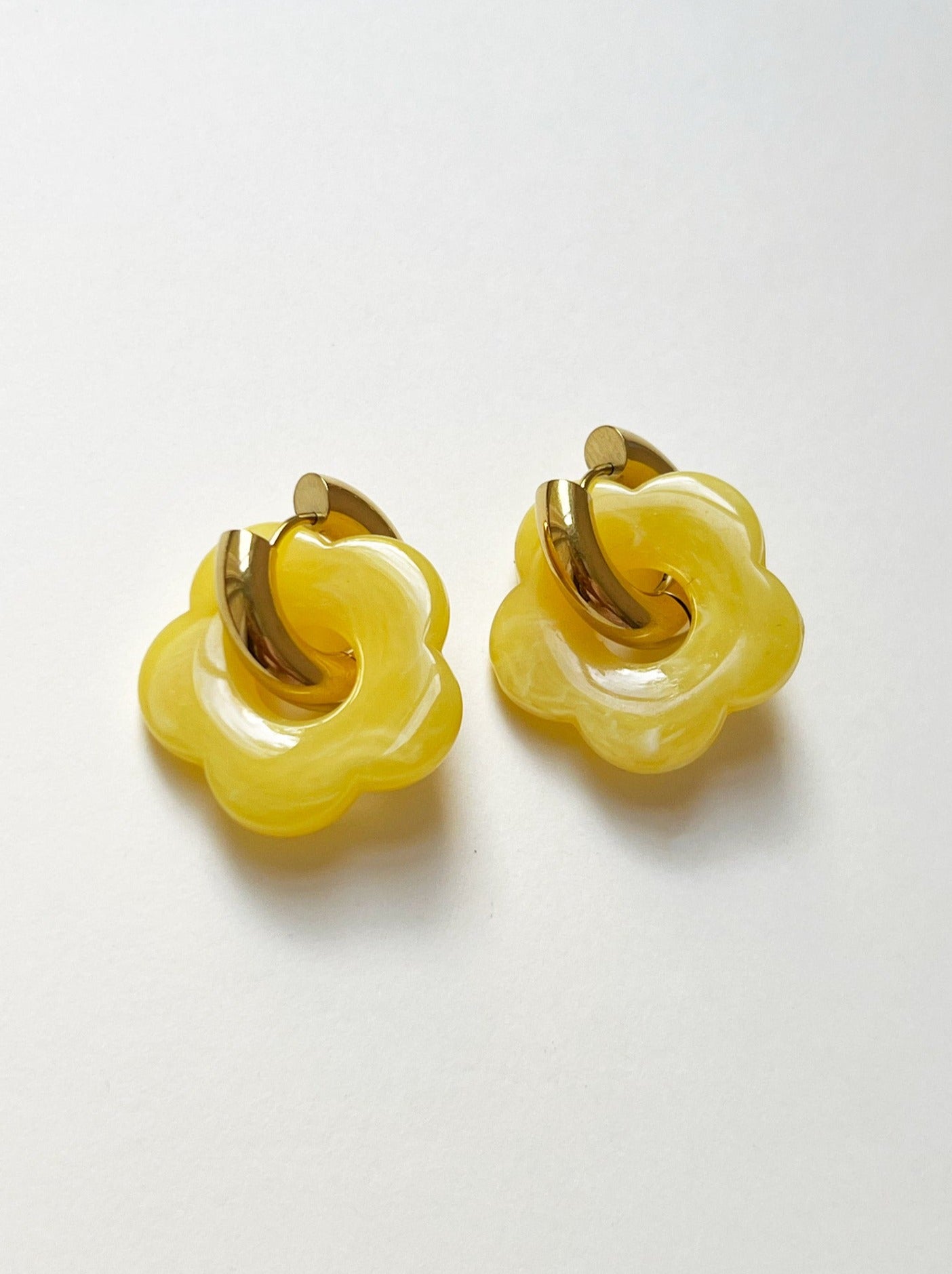 Yellow Donut - Hoop Earrings with Flower Pendant