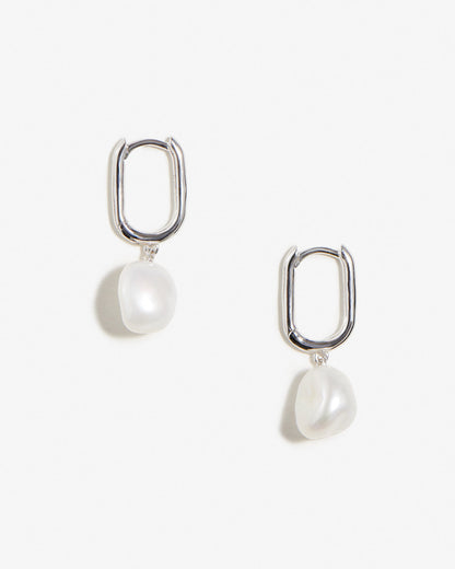 Esme - Silver Rectangular Hoop Earrings with Pearls