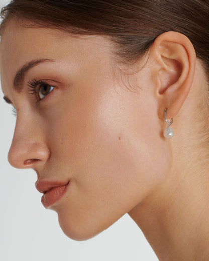 Esme - Silver Rectangular Hoop Earrings with Pearls