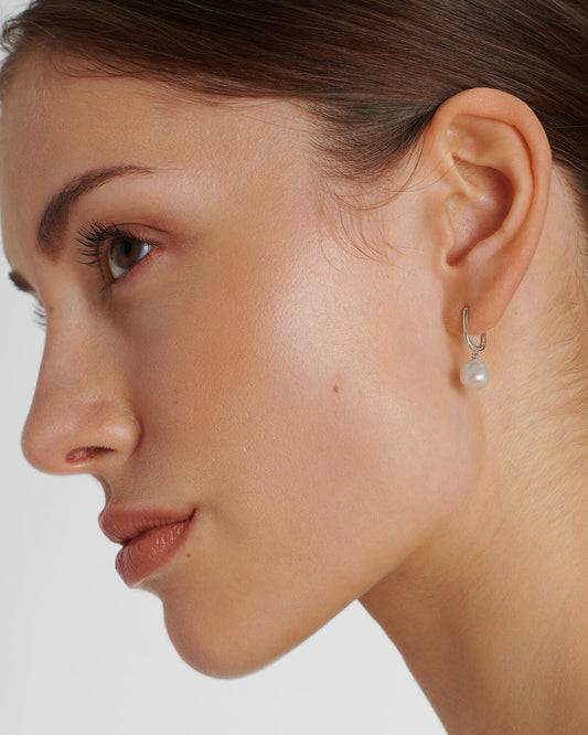 Esme - Silver Rectangular Hoop Earrings with Pearls