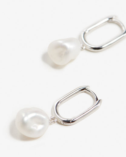 Esme - Silver Rectangular Hoop Earrings with Pearls