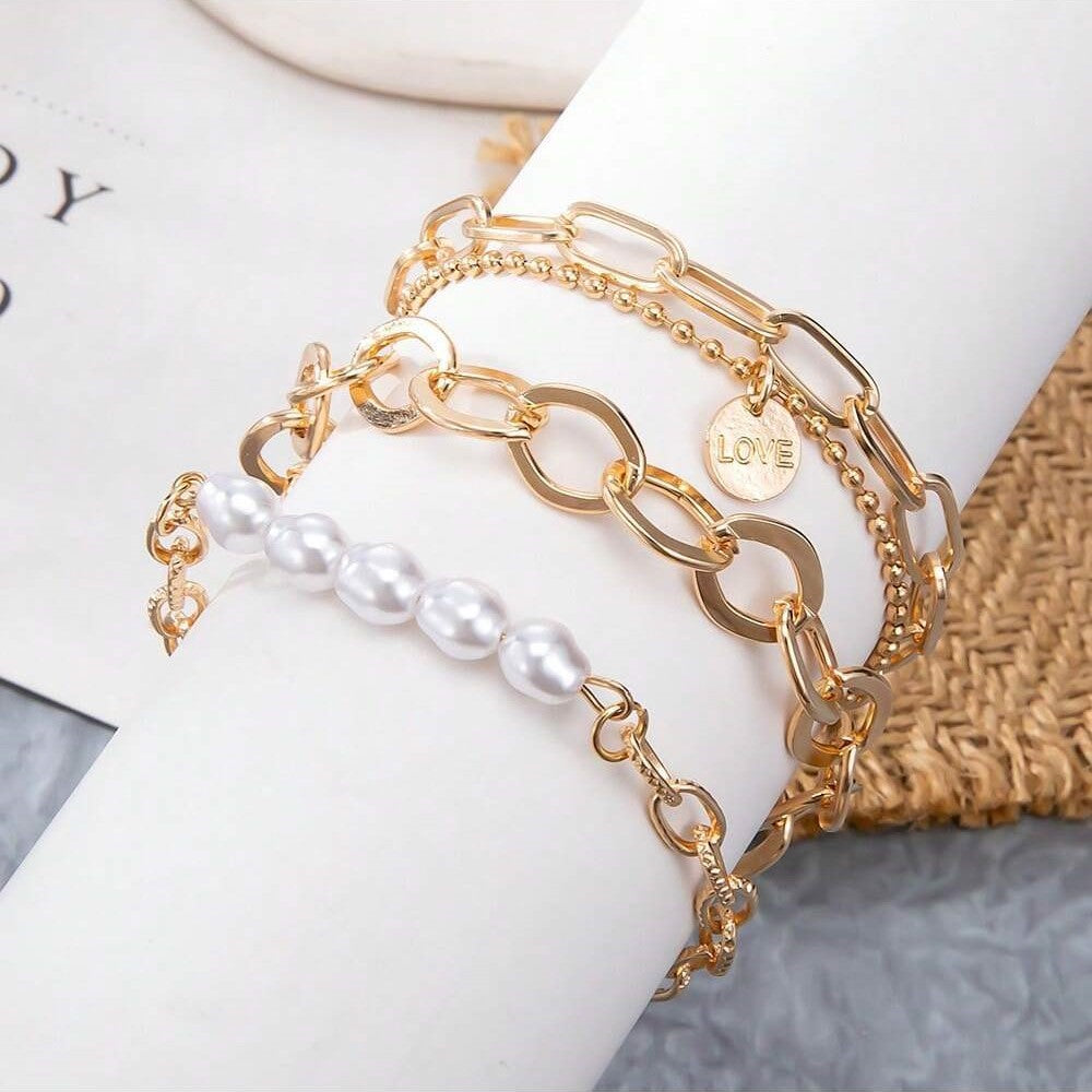 3-Piece Gold Pearl Bracelet Set - Large Chain Set