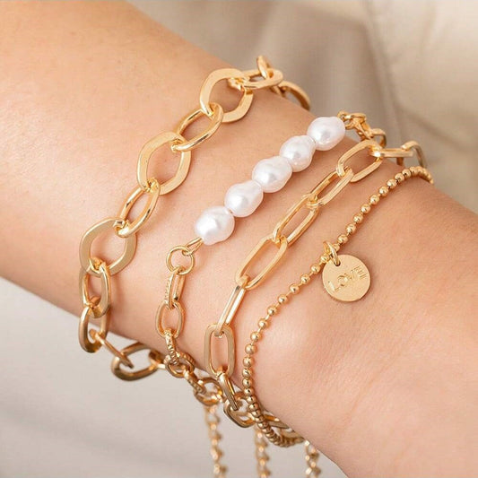 3-Piece Gold Pearl Bracelet Set - Large Chain Set