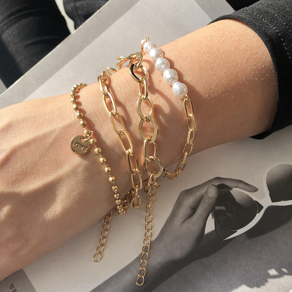 3-Piece Gold Pearl Bracelet Set - Large Chain Set