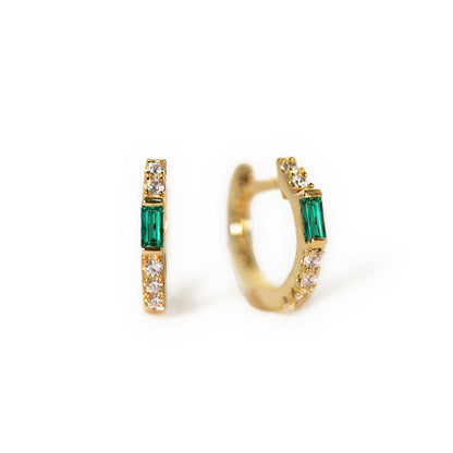 Huggie Earrings with Baguette Gemstone (Emerald)