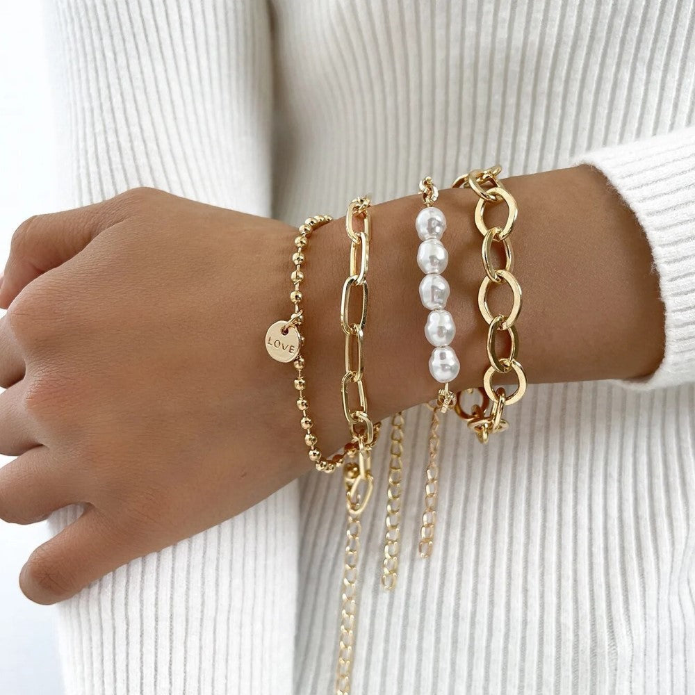 3-Piece Gold Pearl Bracelet Set - Large Chain Set