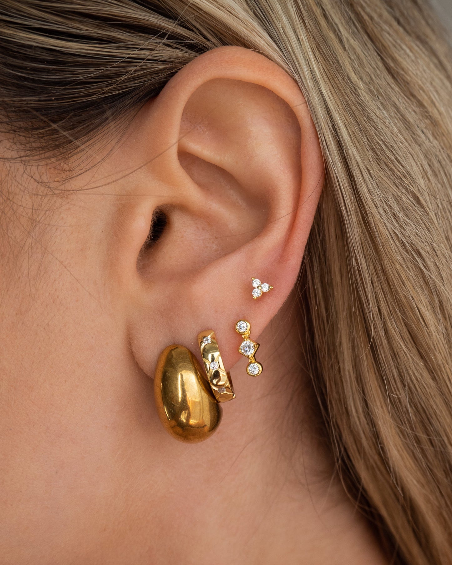 Three Golden Crystal Flower Earrings