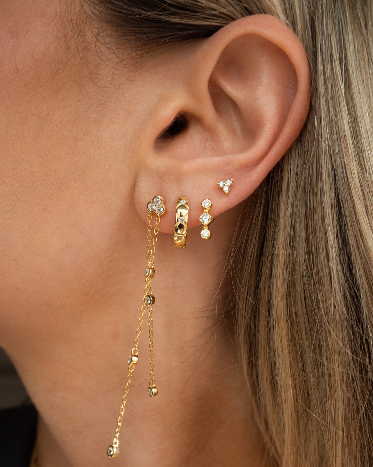 Three Golden Crystal Flower Earrings