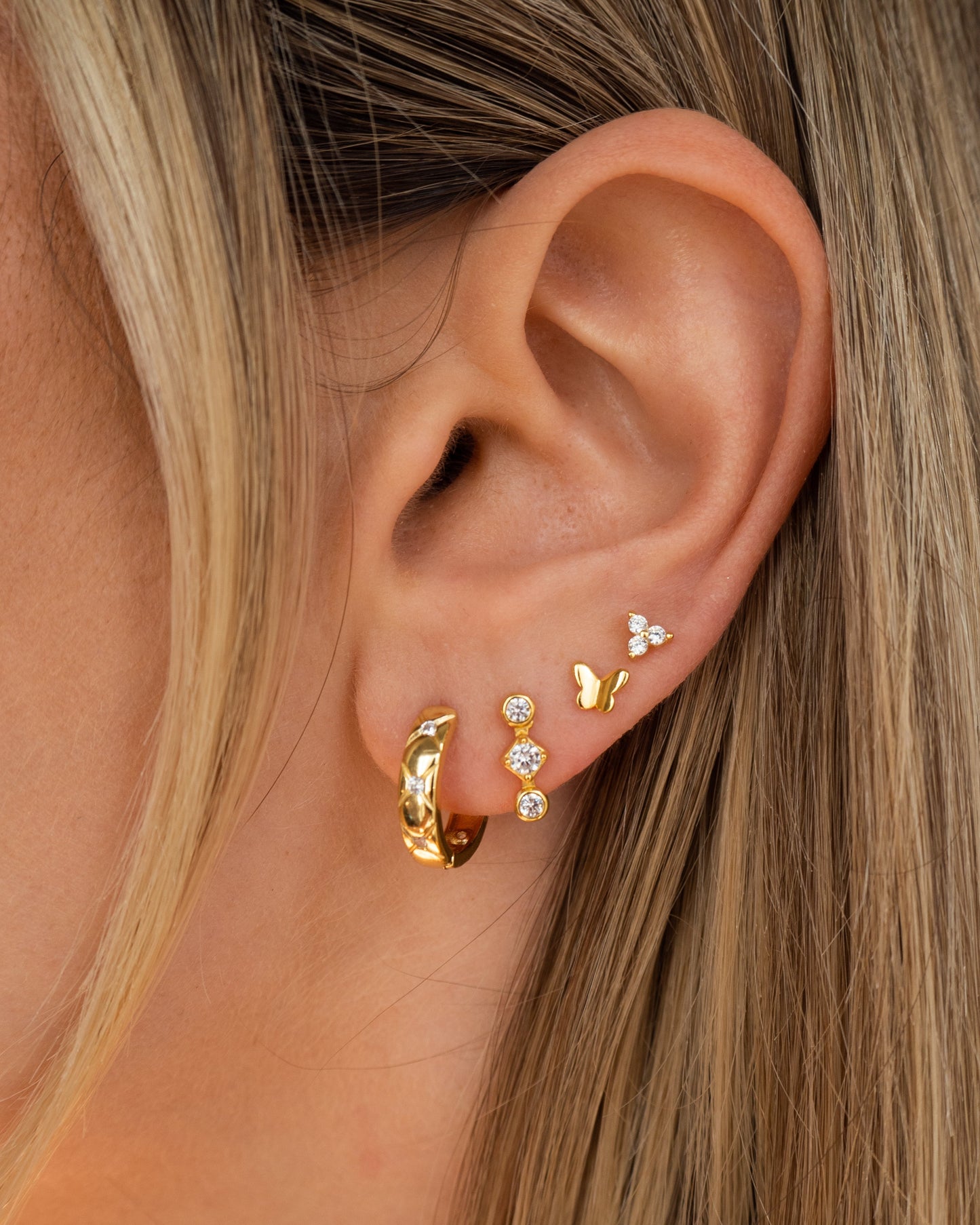Three Golden Crystal Flower Earrings