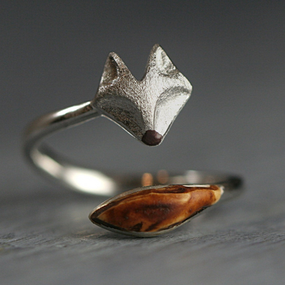 Adjustable Wooden Fox Ring – Silver Fox Face Ring