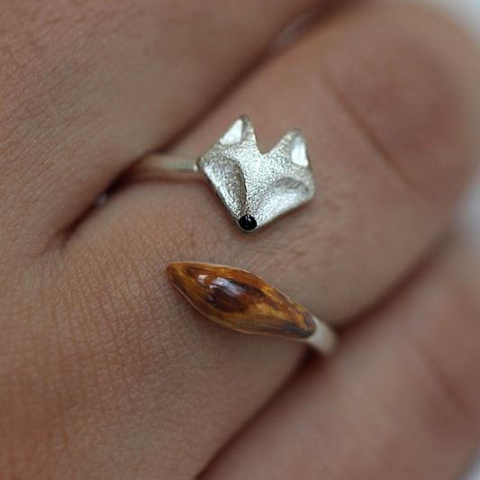 Adjustable Wooden Fox Ring – Silver Fox Face Ring