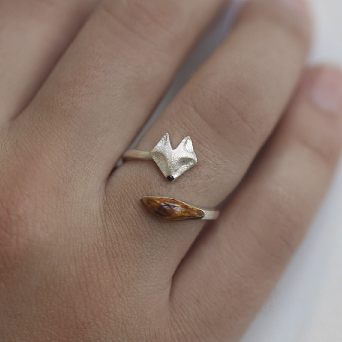 Adjustable Wooden Fox Ring – Silver Fox Face Ring