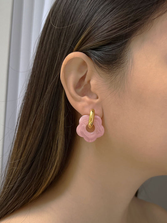 Donut Hoop Earrings with Pink Flower Charm