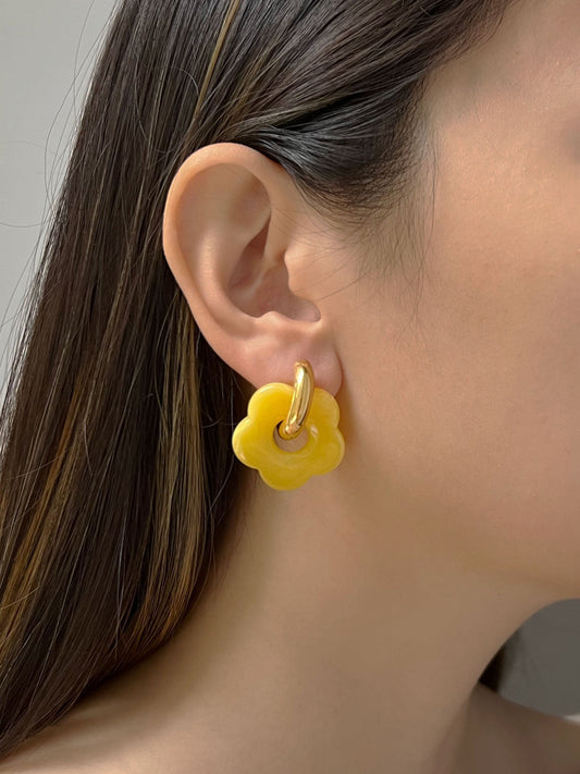 Yellow Donut - Hoop Earrings with Flower Pendant