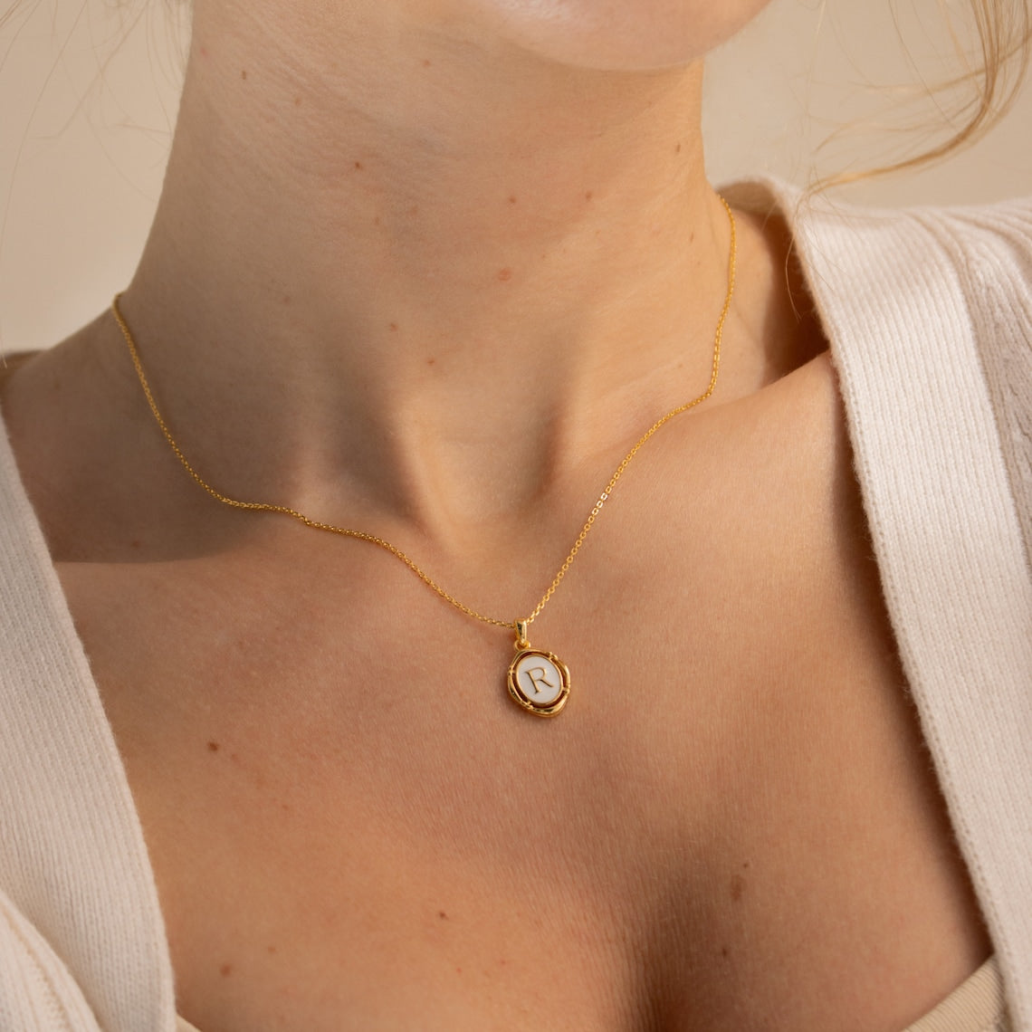 Initial Pendant Necklace - White Enamel and Gold Necklace