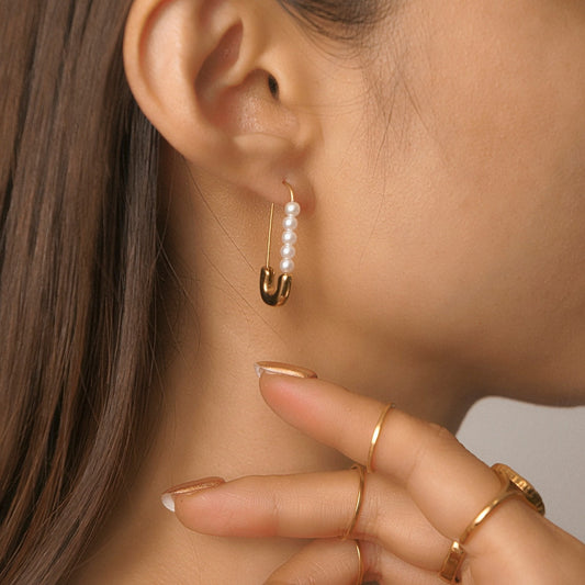 Safety Pin Earrings - Delicate Earrings with Fresh Pearls