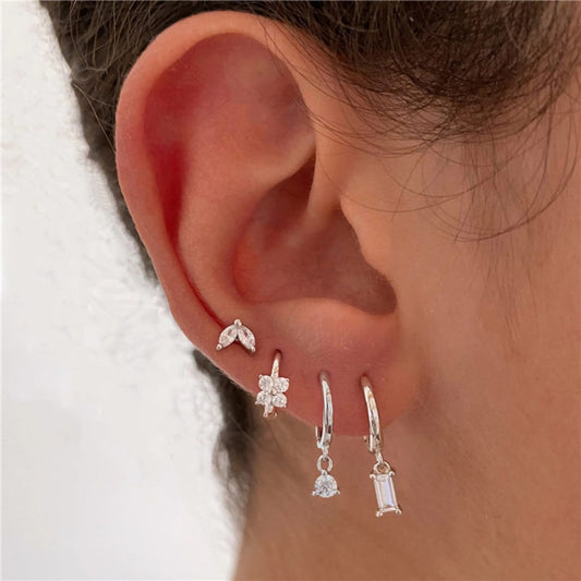 4-Piece Earring Set - Marquise Geometry and Zirconia Flower
