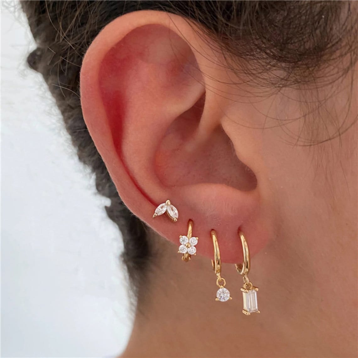 4-Piece Earring Set - Marquise Geometry and Zirconia Flower