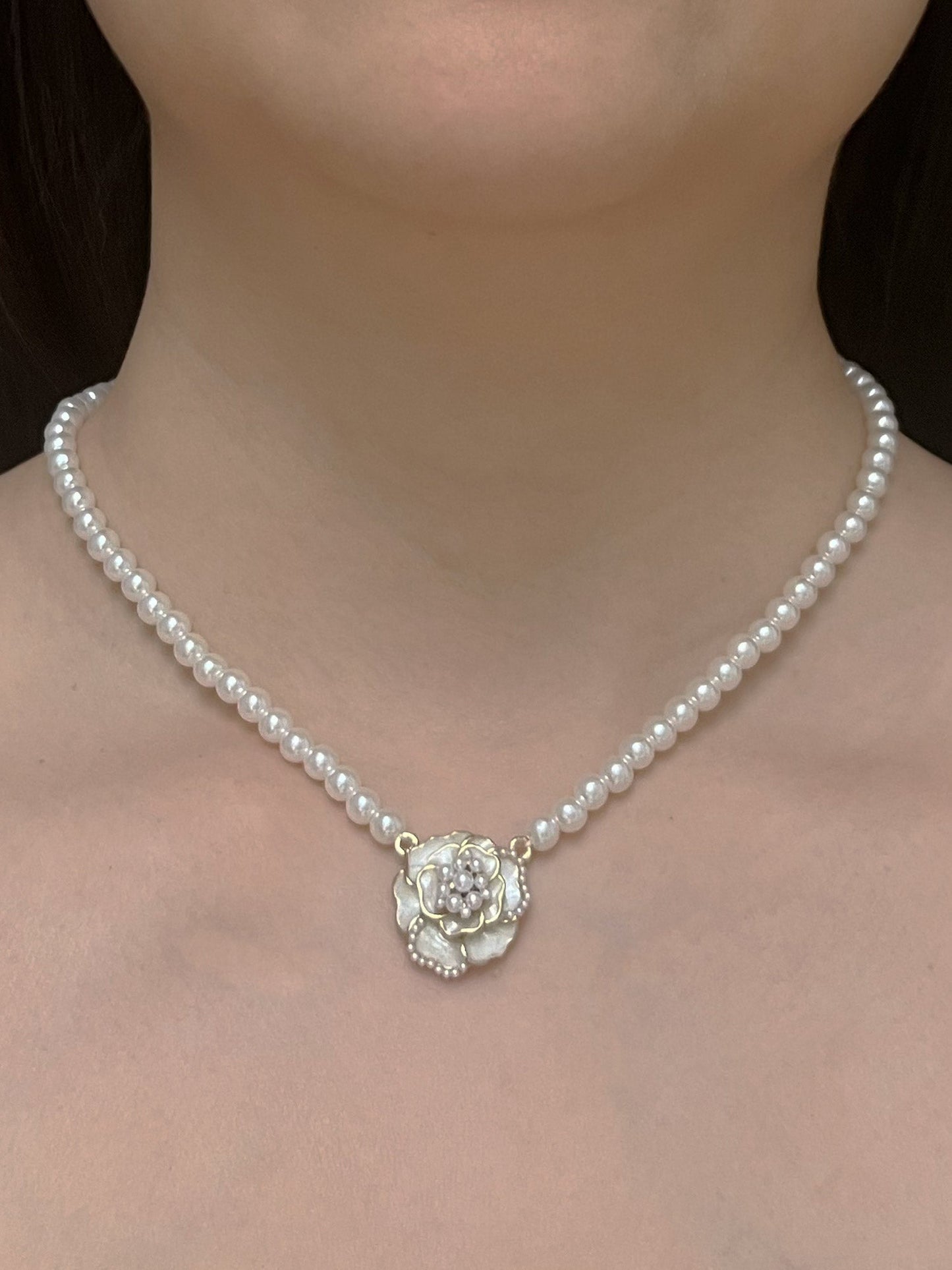 Pearl Necklace with Rose Flower Pendant