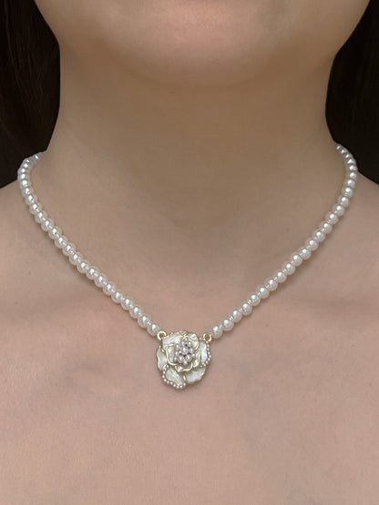 Pearl Necklace with Rose Flower Pendant