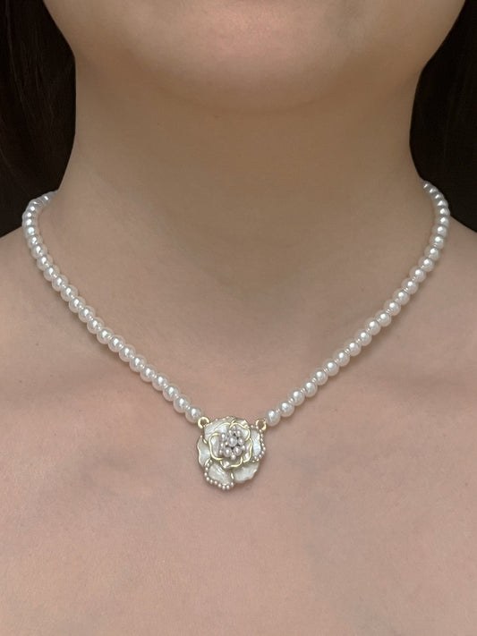 Pearl Necklace with Rose Flower Pendant