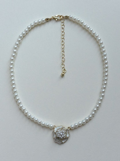 Pearl Necklace with Rose Flower Pendant
