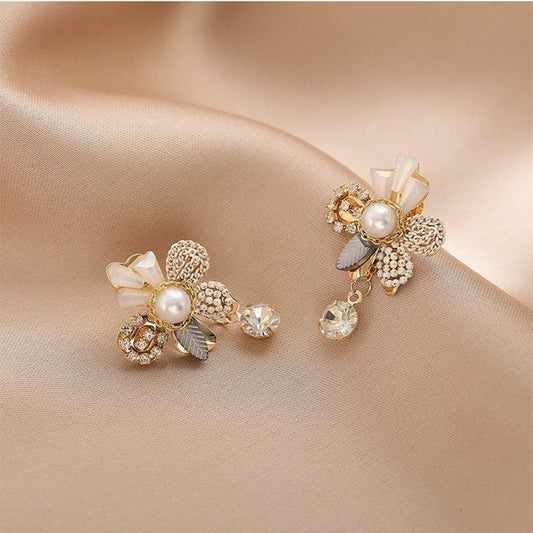 Earrings with Pearl Flowers and Crystal Tassels