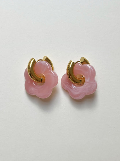 Donut Hoop Earrings with Pink Flower Charm