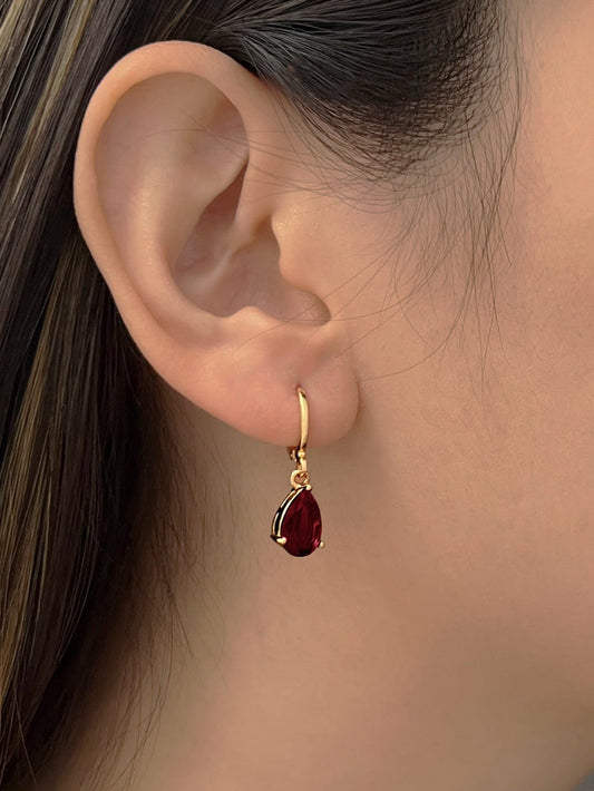 Huggie Earrings with Ruby Teardrop Gemstone