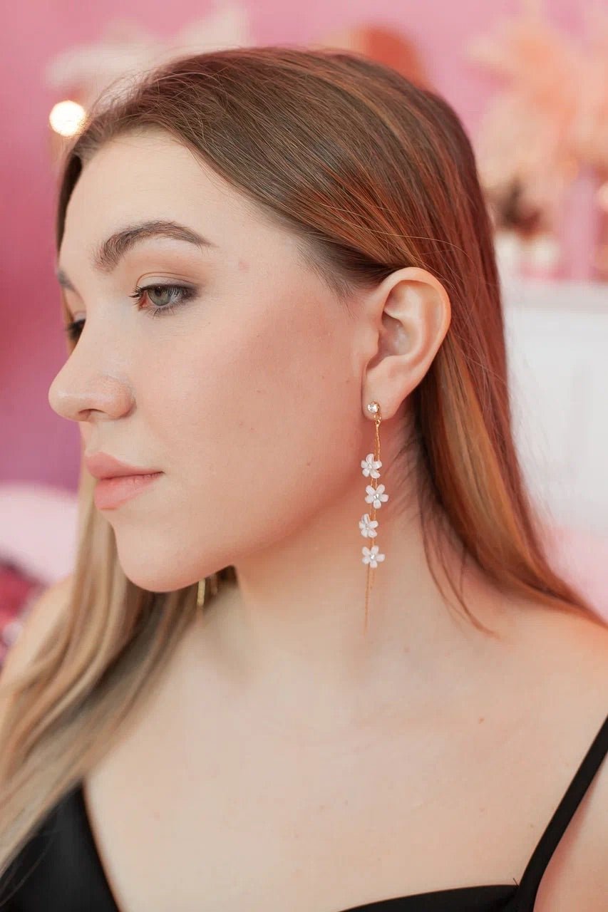 White Flower Earrings with Gold Threads
